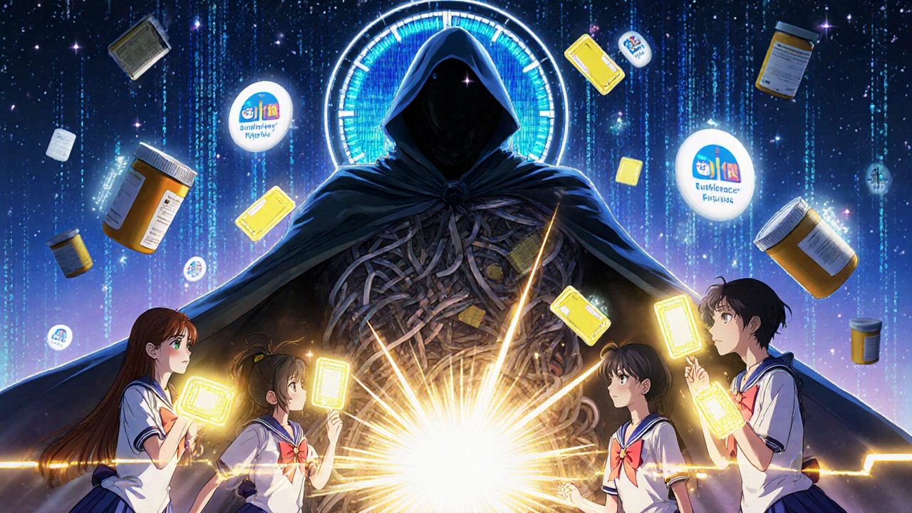 Heroes with Yellow Cards fighting a shadow monster of hidden drug risks in anime battle style.