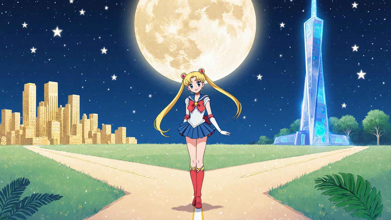 Heroine at moonlit crossroads with three routes: golden city of cheap meds, blue‑glowing tech tower, green meadow of herbs.