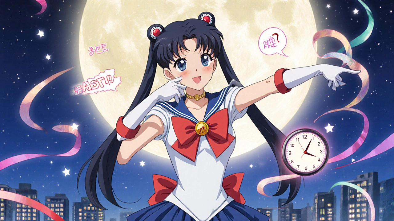 Heroine demonstrating FAST signs with gestures against a twilight city backdrop.