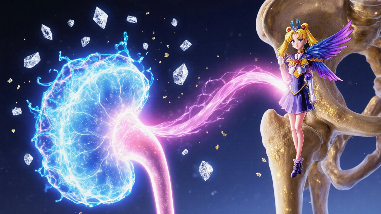 Kidney excretes calcium while PTH rises, showing bone loss in anime style.