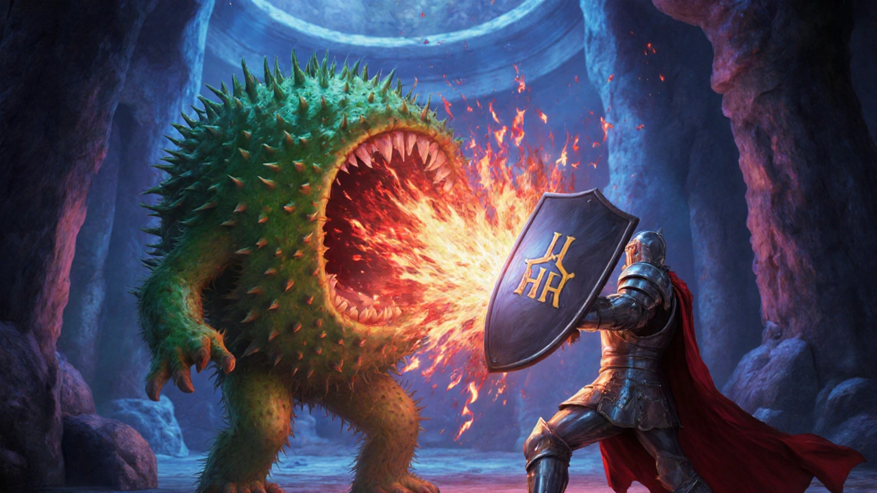 Knight shield blocks red histamine flames from mast cell monster.