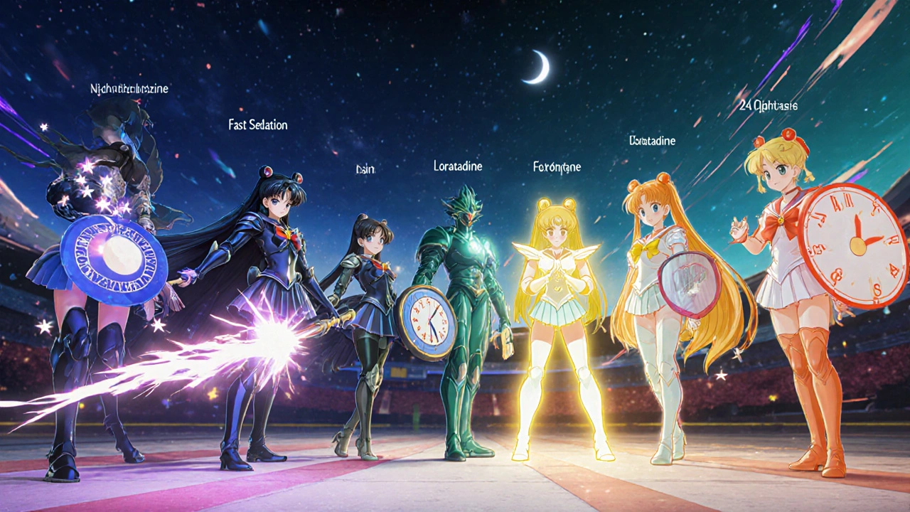 Magical warrior versions of antihistamines battle on an arena floor, each showing unique traits.