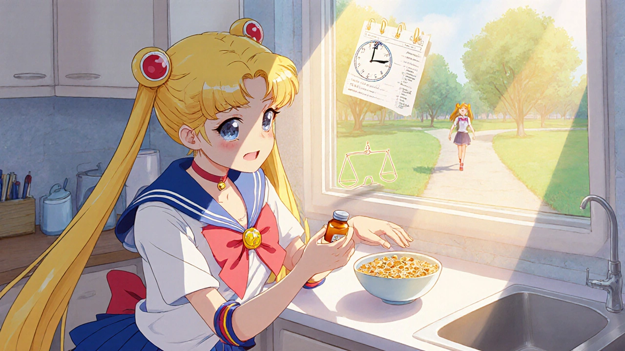 Morning kitchen scene with a person taking a pill, sunlight, and a gentle walk outside.