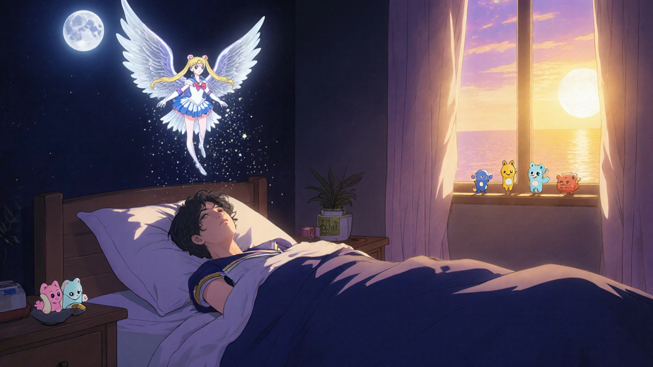 Night scene with a guardian spirit of Atarax soothing a sleeper, sunrise shows non‑sedating pills.