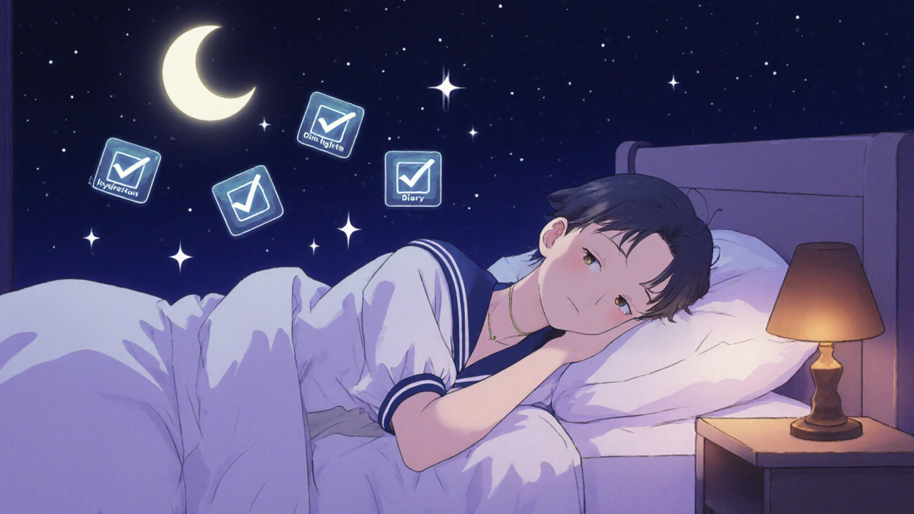 Peaceful sleeper surrounded by soft moonlight and floating check‑mark icons for bedtime tasks.