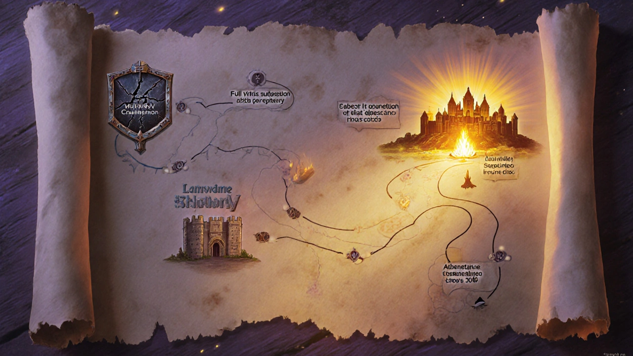 Quest map shows patient journey past mutation fortress to bright citadel of viral suppression.