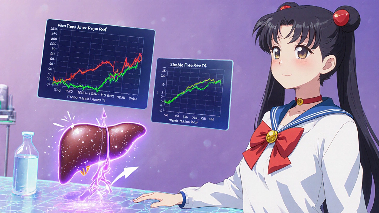 Researcher viewing rising TSH chart and liver cell showing PPARα activity.