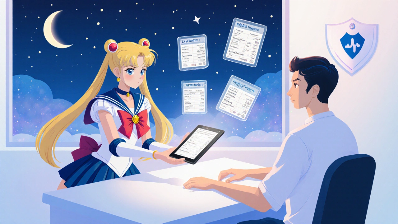 Sailor Moon‑style girl offers a glowing pill to a patient as floating lab icons hover nearby.