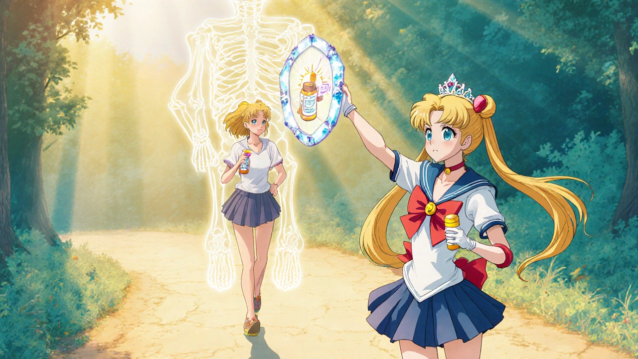 Sailor‑style heroine shields a skeleton as a person takes supplements and walks.