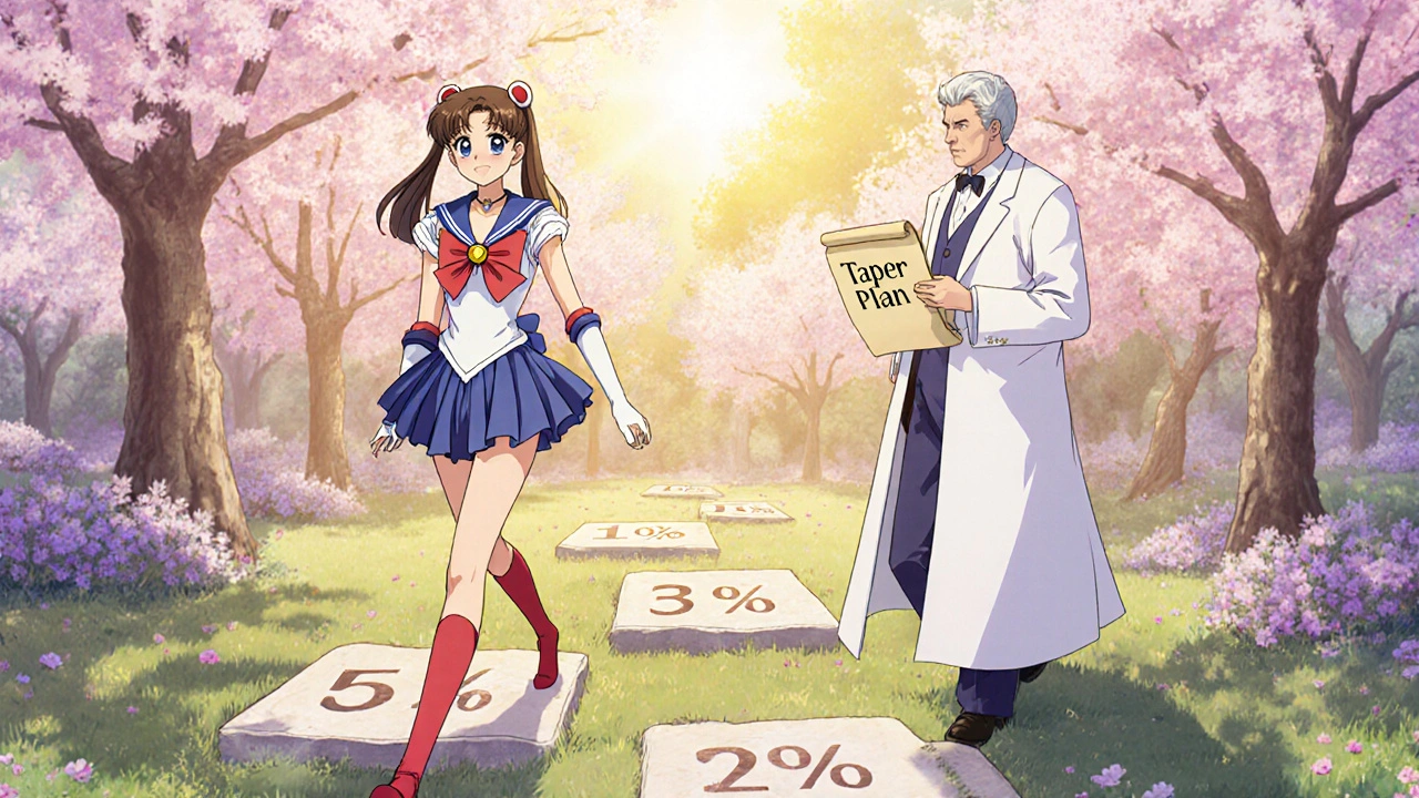 Sailor‑styled girl walks on taper‑percentage stones with supportive friends in a pastel garden.