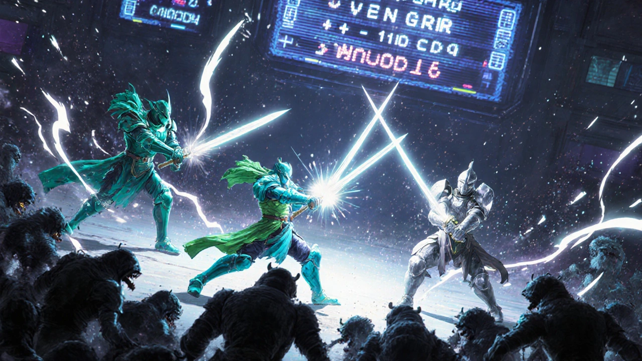 Three armored heroes defeat dark virus horde, data trails show viral drop and CD4 rise.