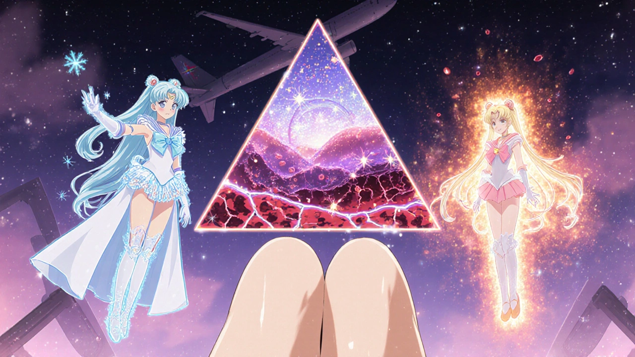 Three magical guardians represent venous stasis, endothelial injury, and hypercoagulability around legs.