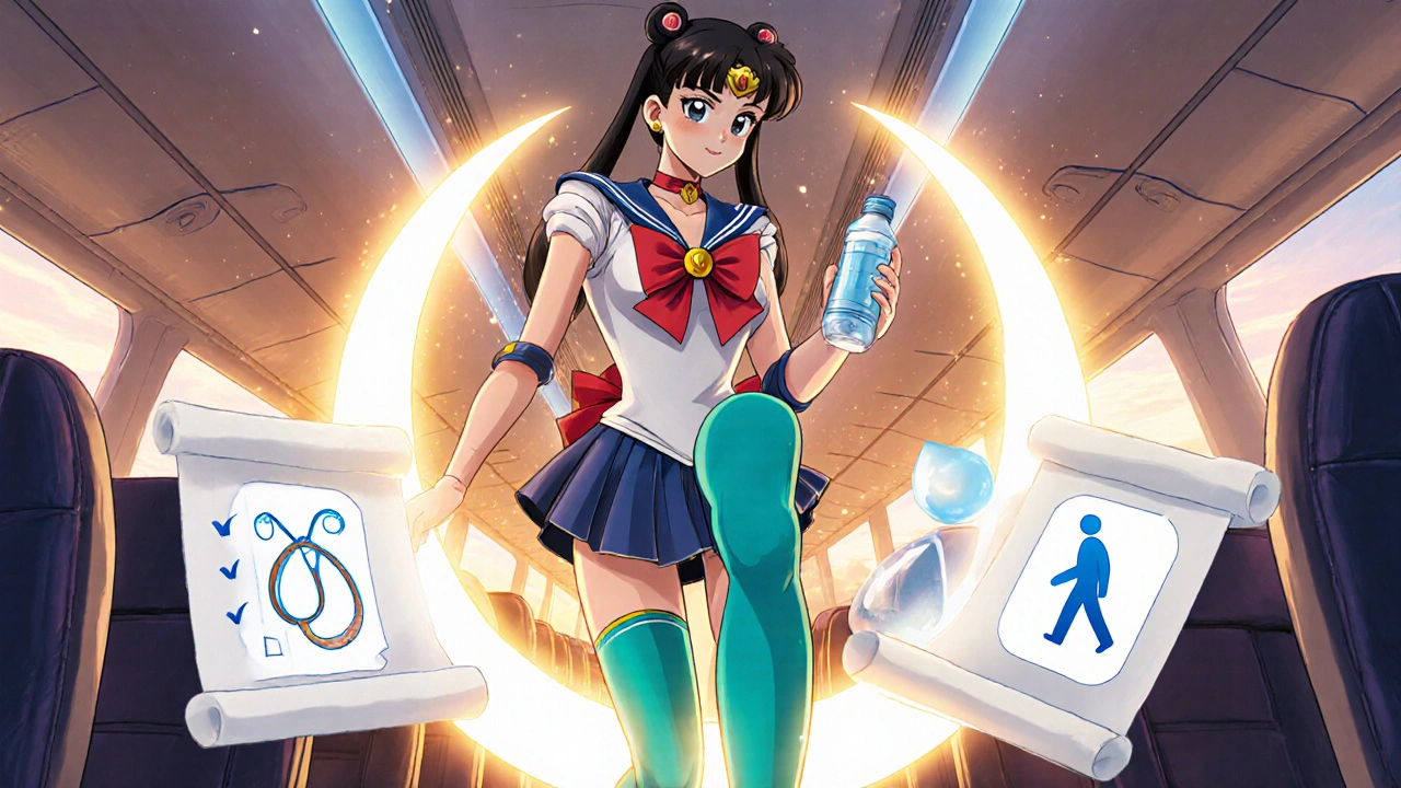 Traveler in compression stockings performs calf raise, surrounded by a glowing protective shield.