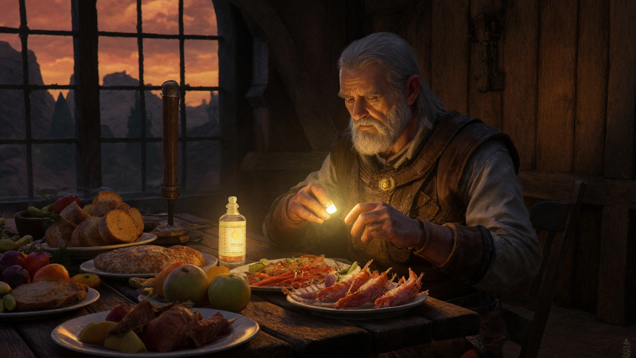 Traveler takes pill before feast, subtle protective aura visible.