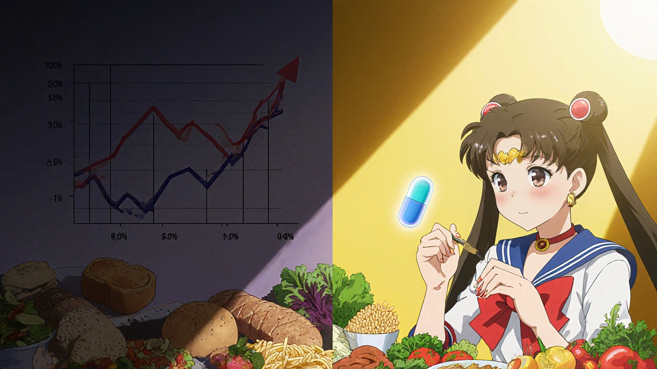 Two characters eating differently—one with junk food and shadows, the other with healthy meals under a sunbeam.