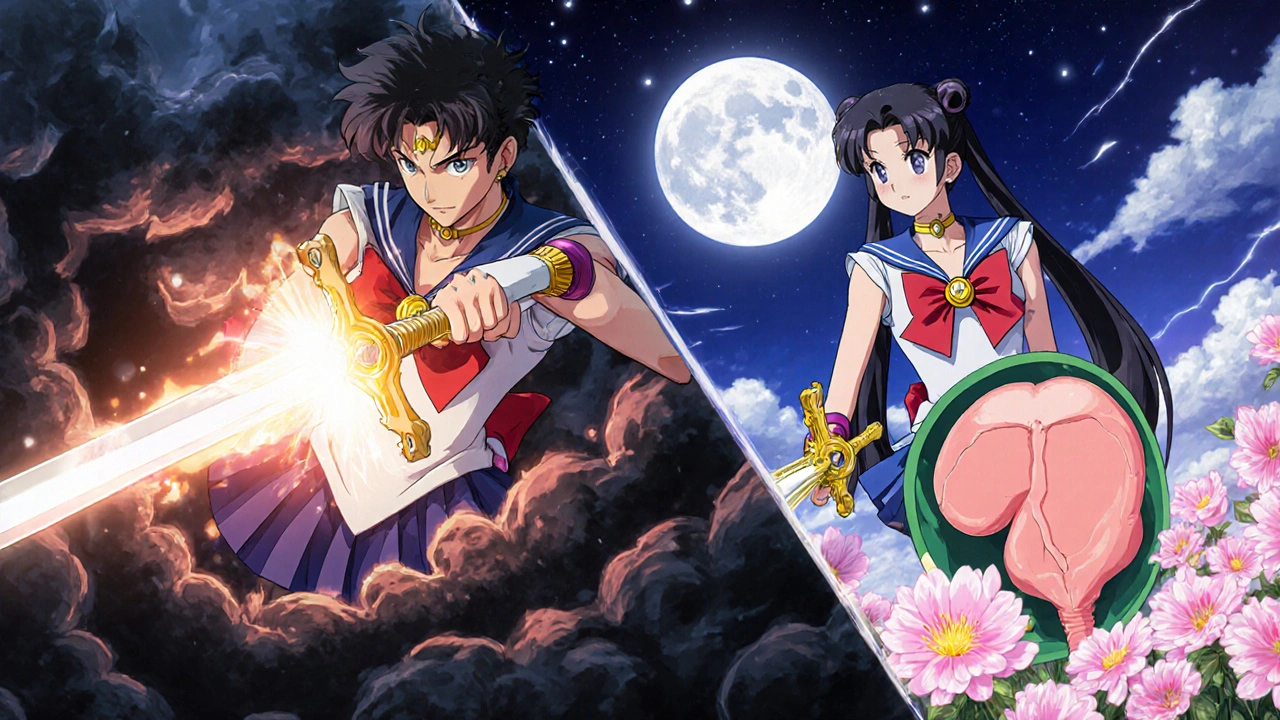 Two warriors with swords slice DHT clouds; left shows stronger effect, right milder, with shrinking prostate icons.