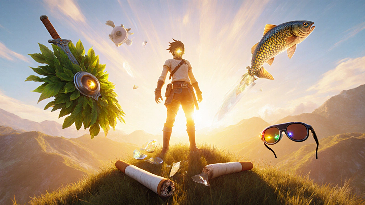 Victorious hero on sunrise ridge with broken cigarette and glowing eyes.