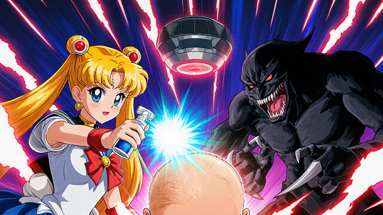 A battle between minoxidil spray and a DHT monster over a shrinking scalp in vibrant manga style.