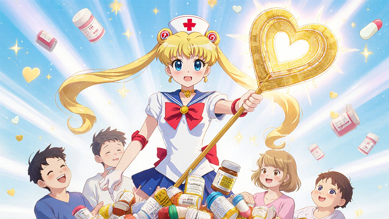 A heroic nurse defeats dangerous meds with a glowing staff as patients&#039; hearts shine safely.