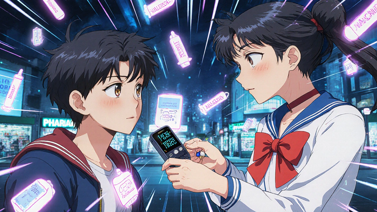 A pharmacist hands naloxone to a teen while vital signs glow around them in a city setting.