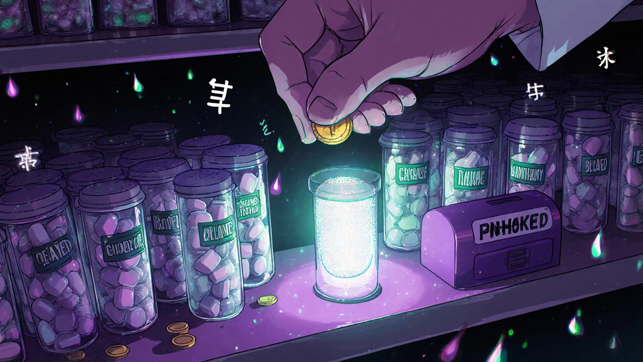 A single glowing generic pill shines on a pharmacy shelf while hundreds of others are frozen in glass tubes, as a golden coin falls into a &#039;reverse payment&#039; slot.