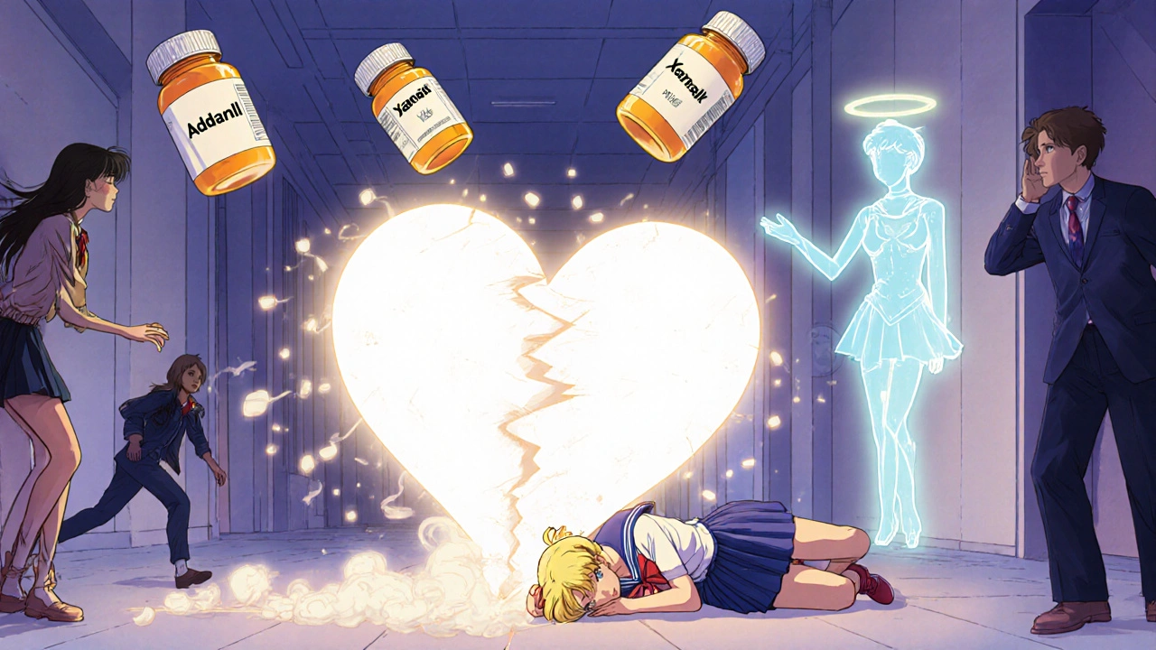 A student collapsing in a hallway with floating prescription bottles dissolving into smoke, a counselor reaching out with a glowing hand.