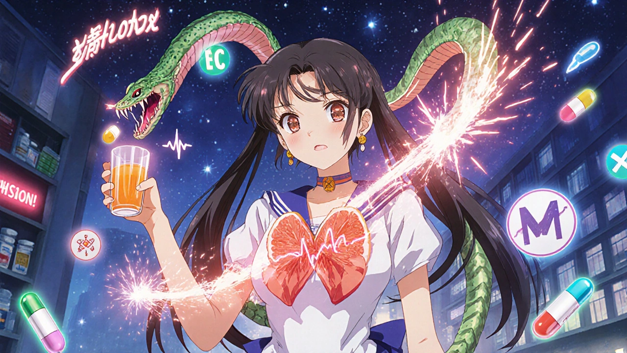 A woman holding grapefruit juice that turns into a pill-shaped serpent threatening her heart.