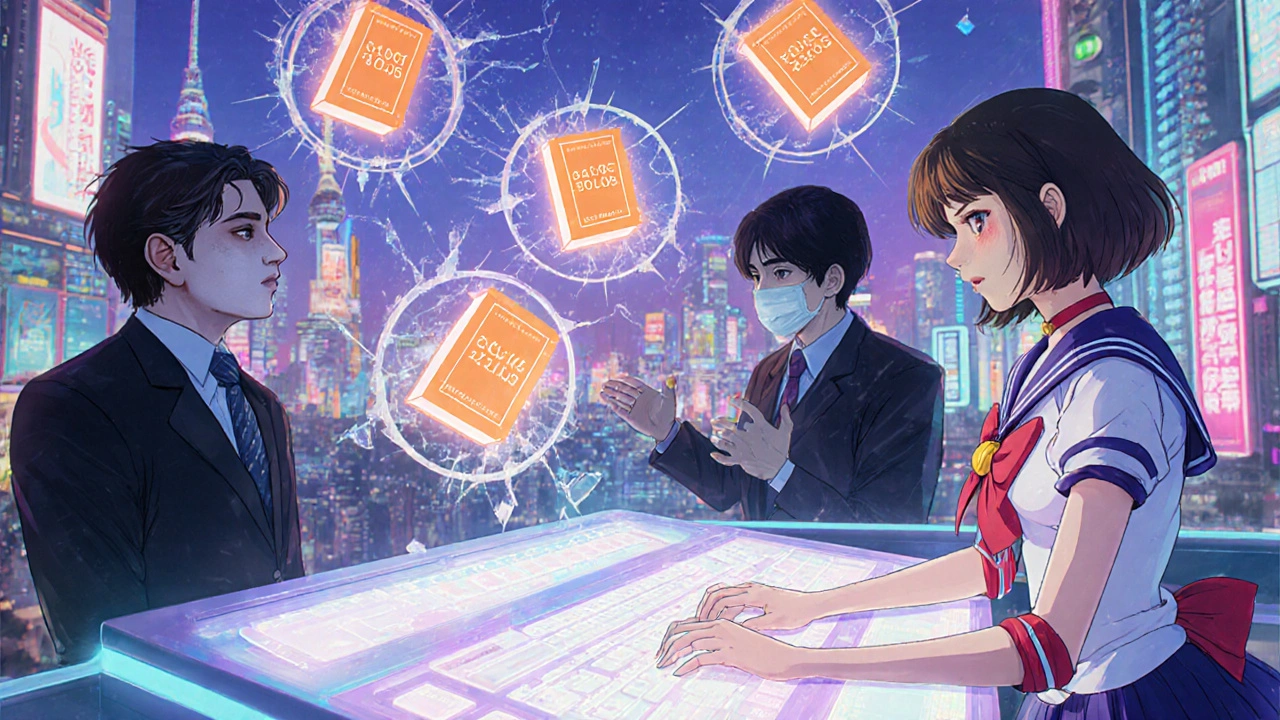 AI system in cyberpunk Tokyo detects generic drug price collusion with glowing holograms and shattering Orange Book icons.