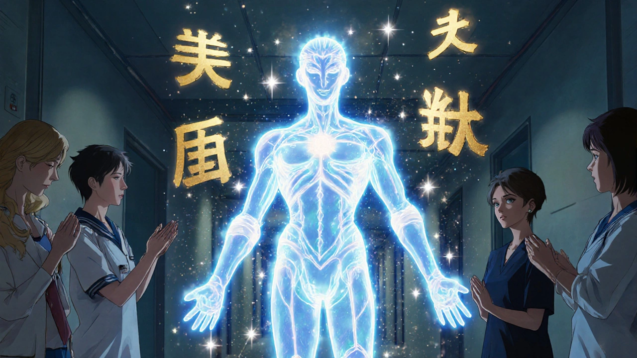 Celestial universal reversal agent dissolving blood thinner symbols in a futuristic hospital hallway, patient smiling.