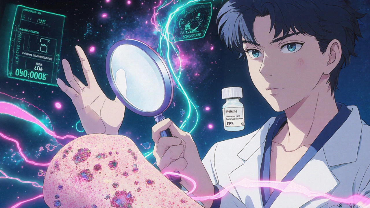 Dermatologist examining skin with a glowing magnifying glass, holographic AGEP diagnostic data floating nearby, anime style.