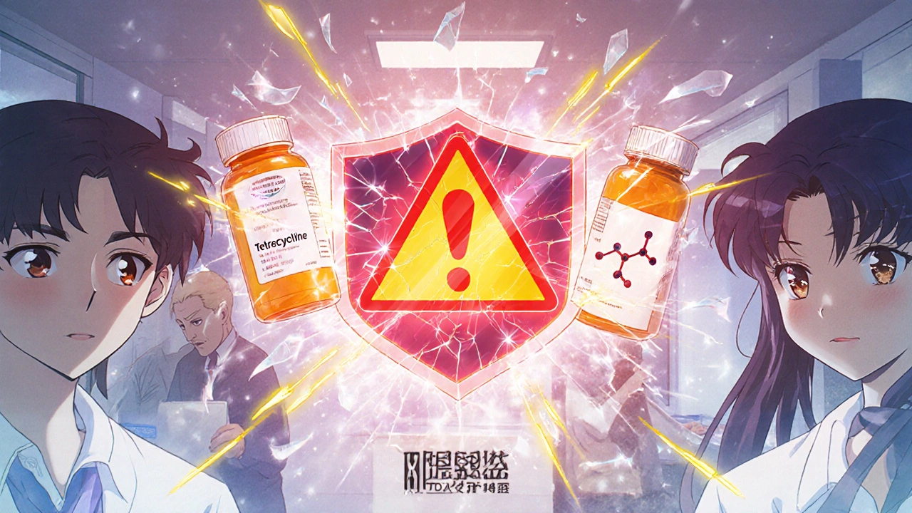 Dermatologist’s office with glowing red warning between two prescription bottles, patient’s vision shattering like glass.