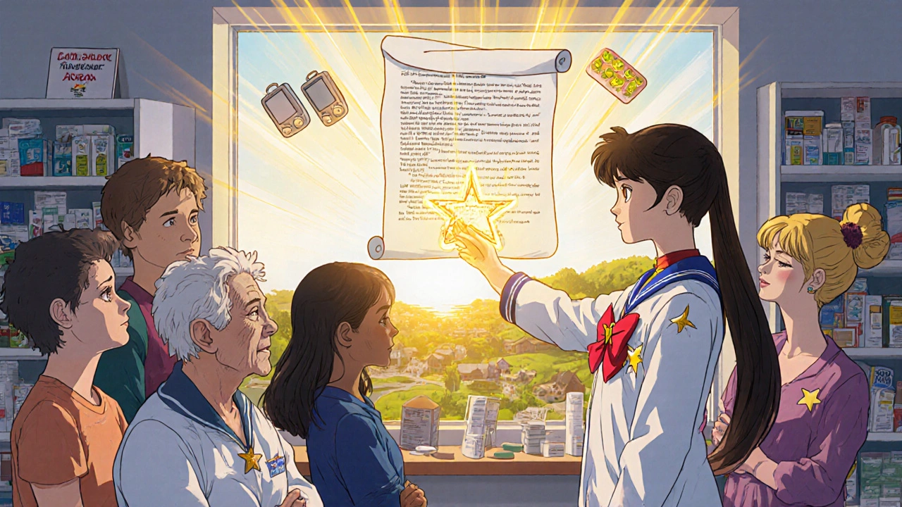 Diverse patients gather as a pharmacist activates a glowing agreement, symbolizing expanded care.