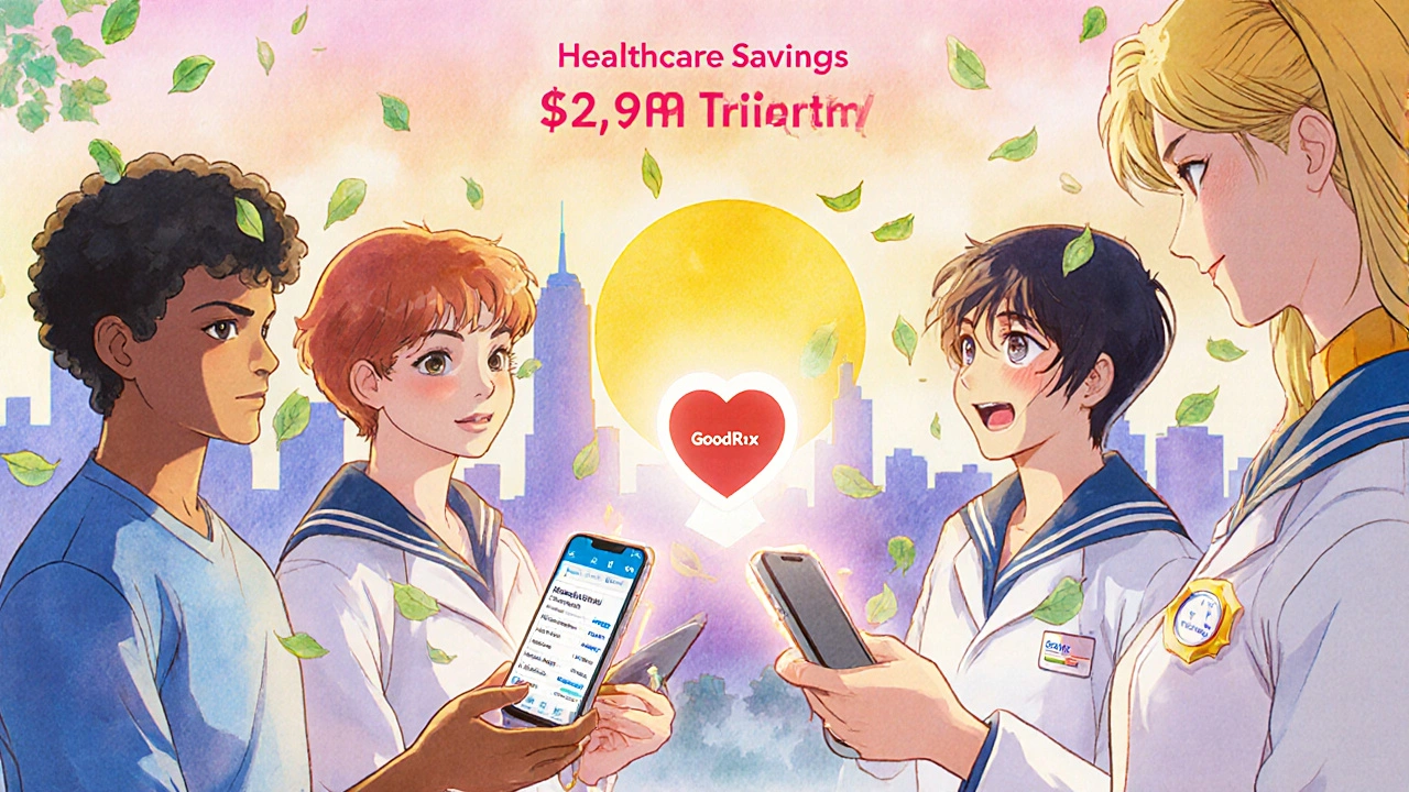 Diverse patients receiving affordable meds from a glowing pharmacist, with price comparison apps floating nearby.