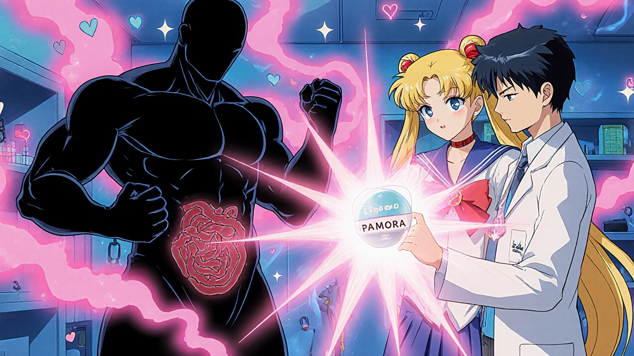 Doctor and pharmacist using a PAMORA shield to defeat opioid constipation, anime style.
