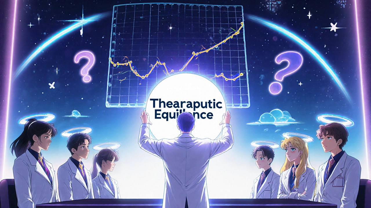 Doctor in sailor-style coat defending generic drug use against skeptical patients in a cosmic courtroom.