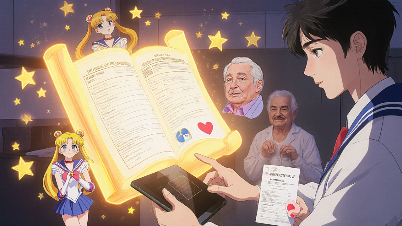 Doctor using holographic AI tablet to choose generics, with patient avatars and floating Orange Book scroll.