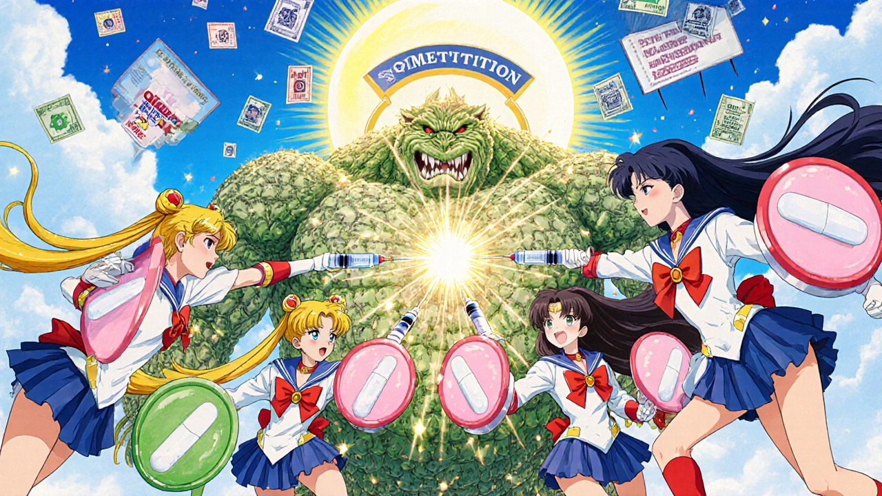 Five generic drug heroes fighting a giant brand-name monster made of money and ads in an anime battle scene.