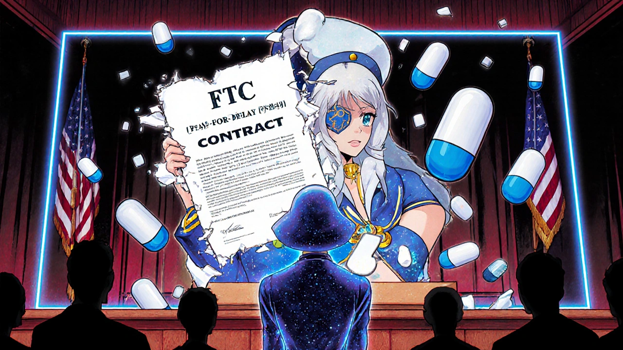 FTC agent in sparkling uniform watching a pay-for-delay contract crumble as generic pills rise in a courtroom.