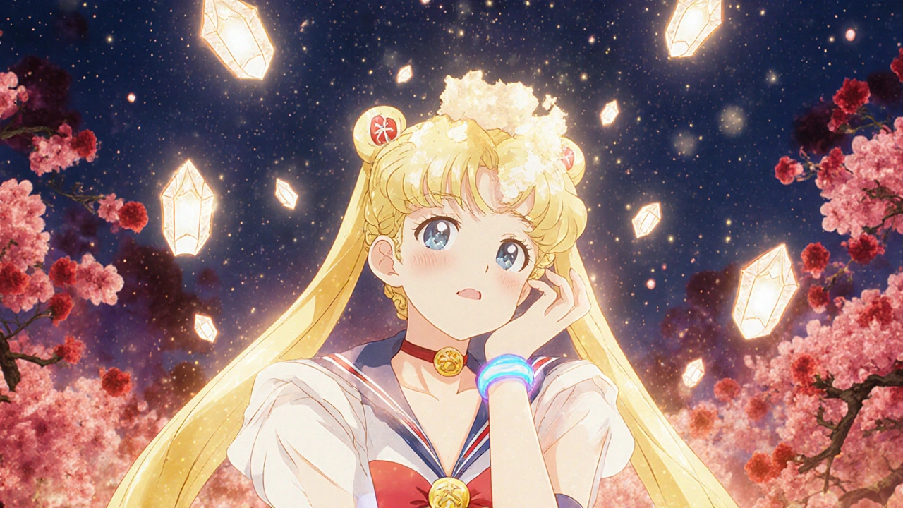 Healing light and crystal particles restore clear skin as peeling fades, cherry blossoms bloom in background, anime style.