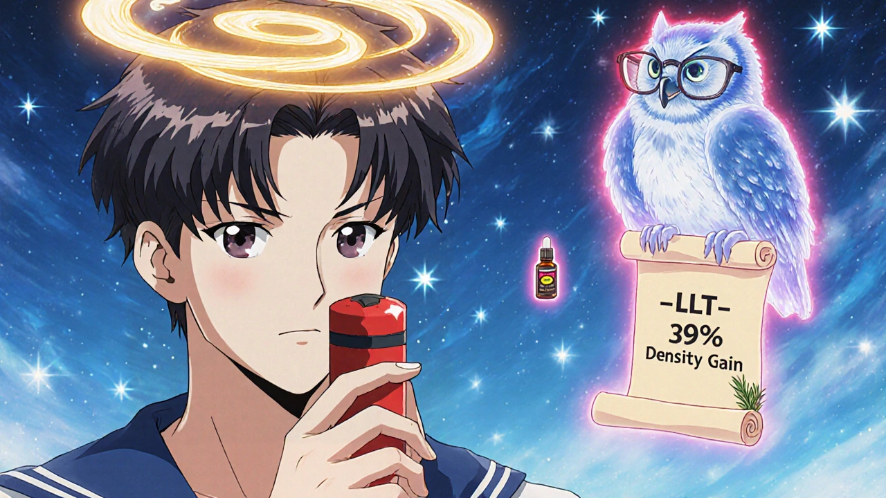 Man using a laser cap with golden energy beams and floating medical symbols in anime style