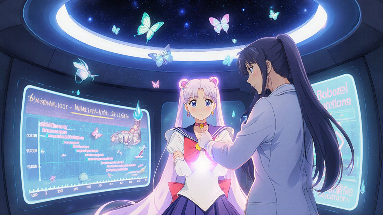 Patient receiving a weekly PAMORA injection with holographic bowel health data, anime style.