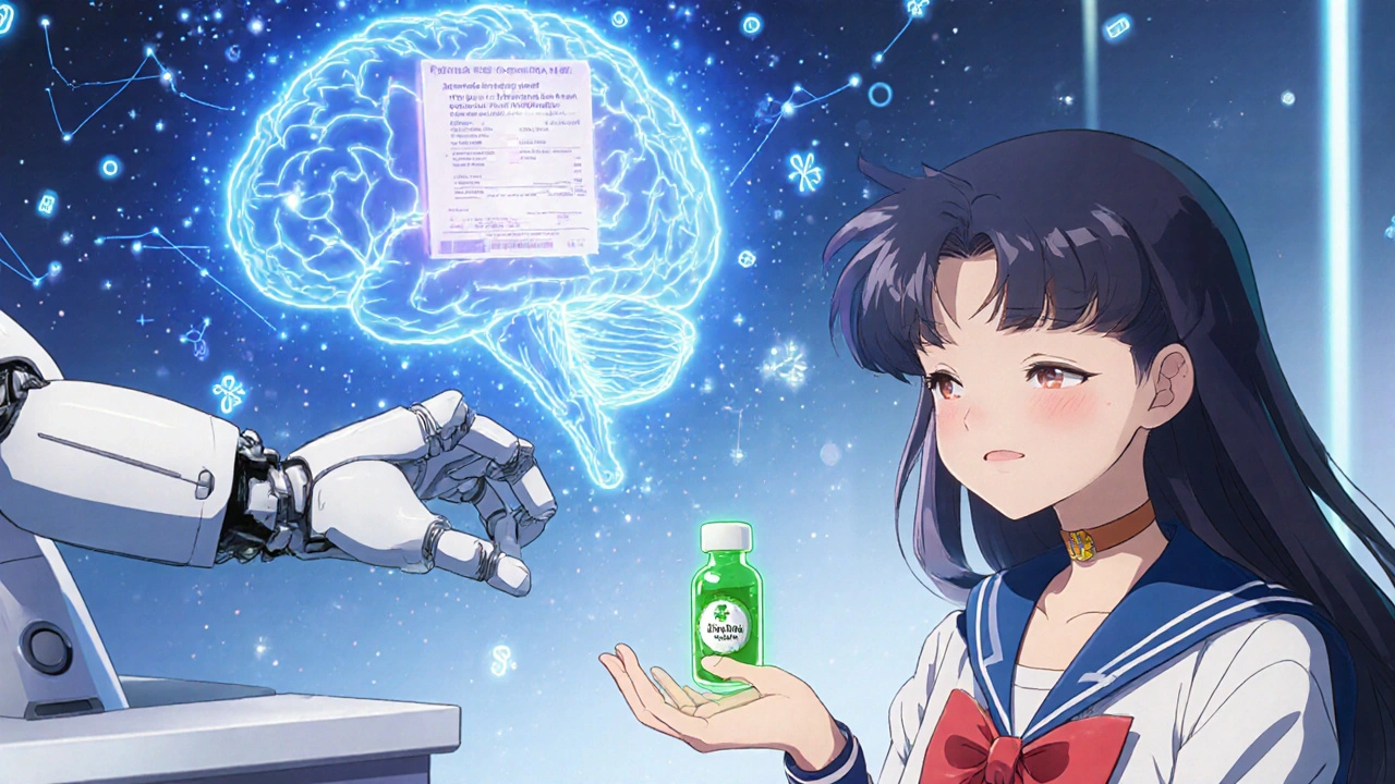 Robotic pharmacist blocks dangerous drug combo with blue energy barrier, safe alternative floats to teen’s hand.