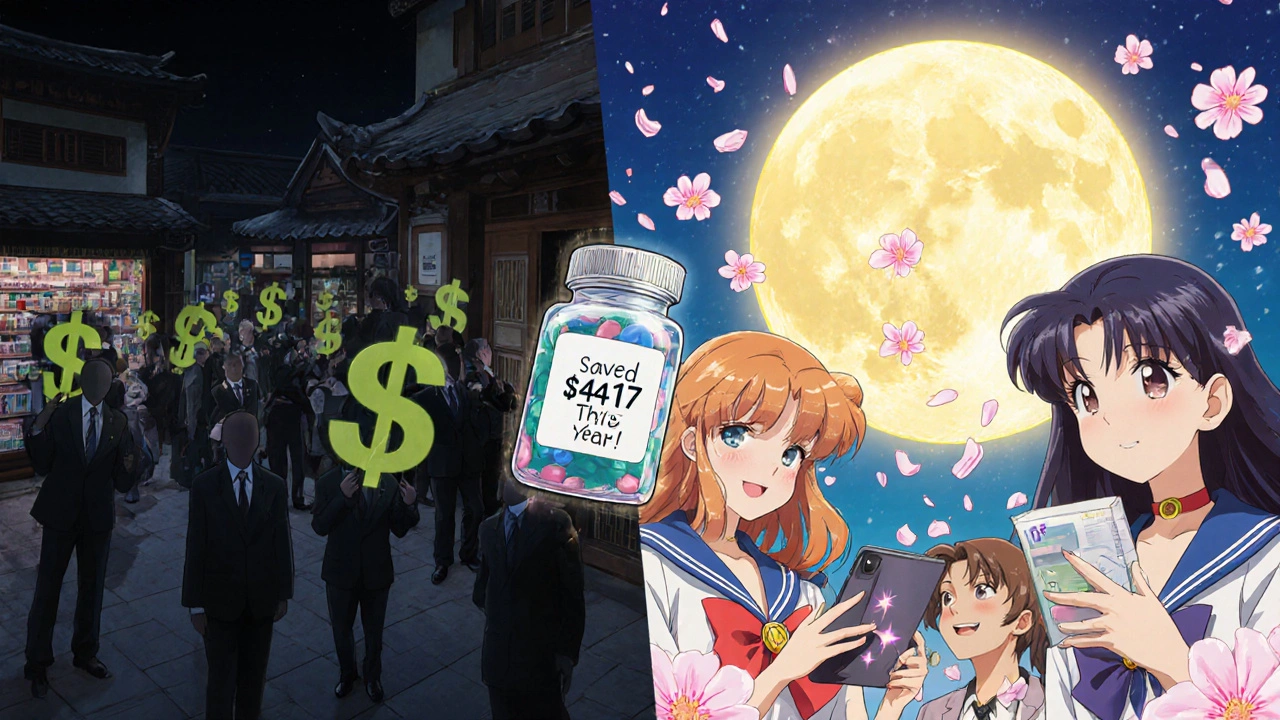 Split scene: dark old pharmacy vs. bright new home deliveries under a glowing moon in anime style.