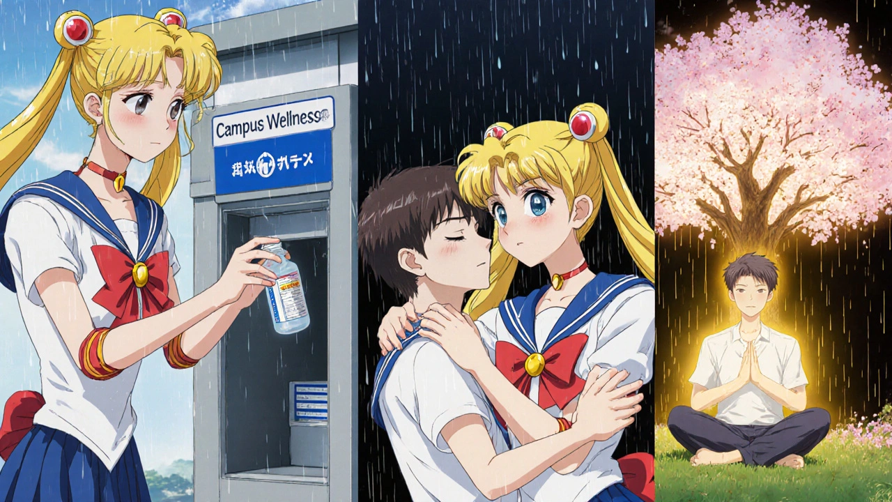 Students participating in wellness activities: disposing pills, hugging a counselor, and meditating under a glowing cherry blossom tree.