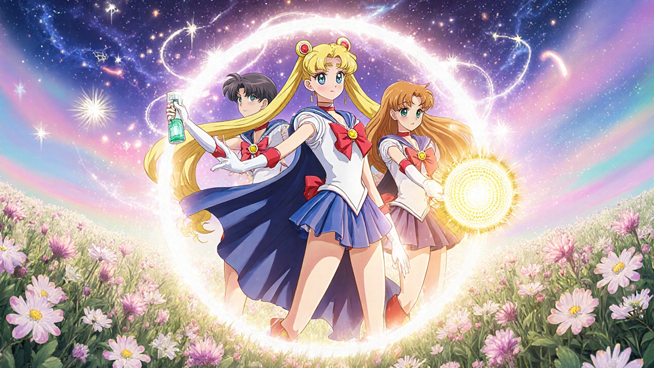 Three magical treatment warriors combining powers to revive hair follicles in glowing anime scene