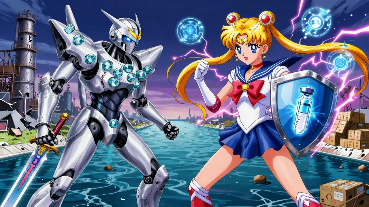 A battle between two stylized supply chain warriors: one made of empty bottles, the other holding a glowing insulin vial.