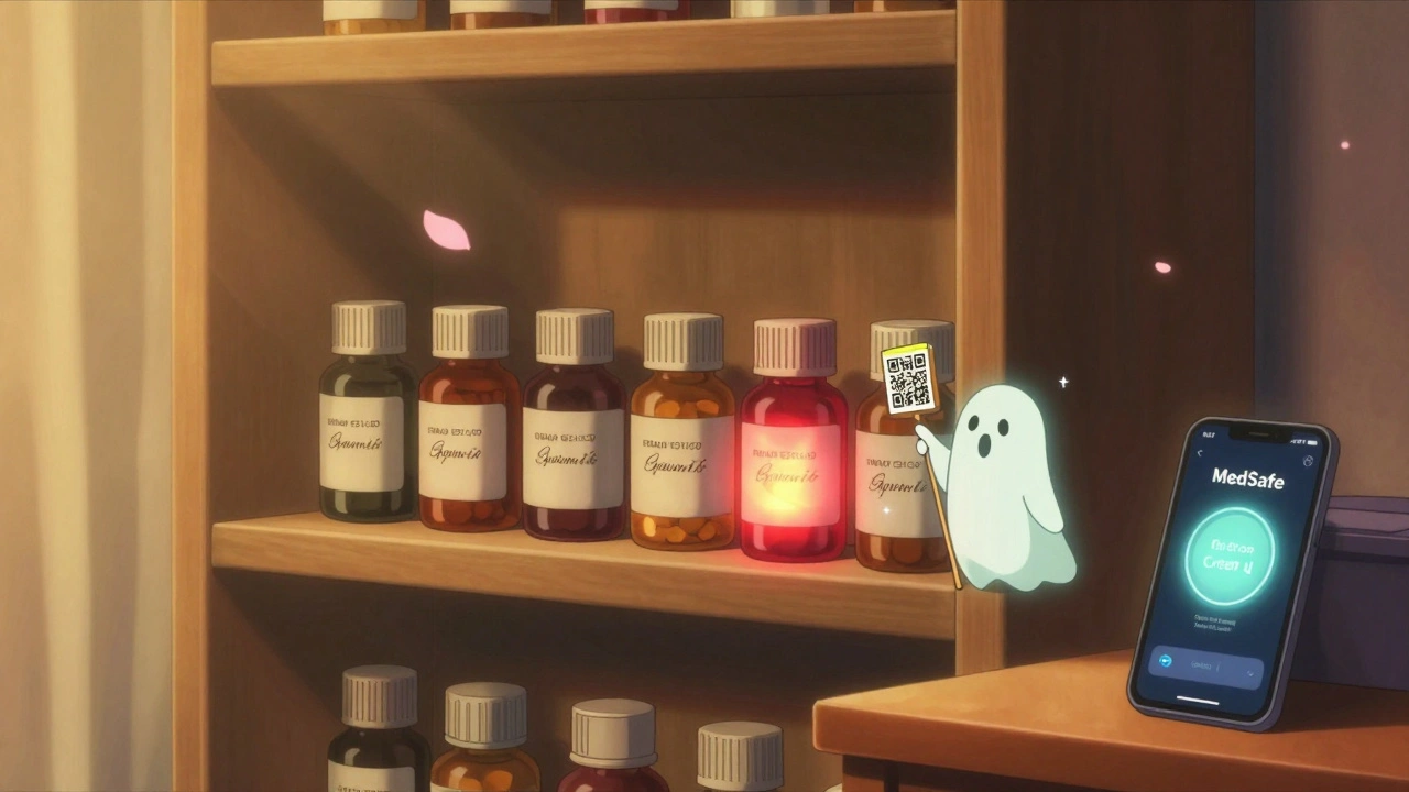 A bedroom shelf with glowing medicine bottles, one expired, a ghostly pharmacist points to a sparkling QR code above it.