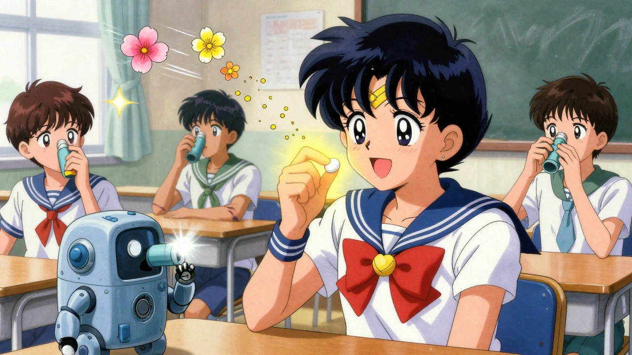 A boy takes a chewable tablet while classmates struggle with clunky inhalers in a vibrant classroom.