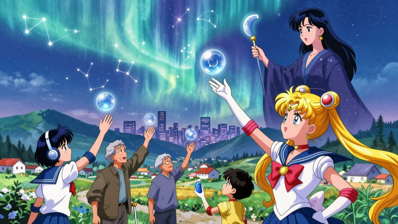 A celestial scene where people from city and countryside are connected by glowing hearing device orbs rising into a starry sound aurora.