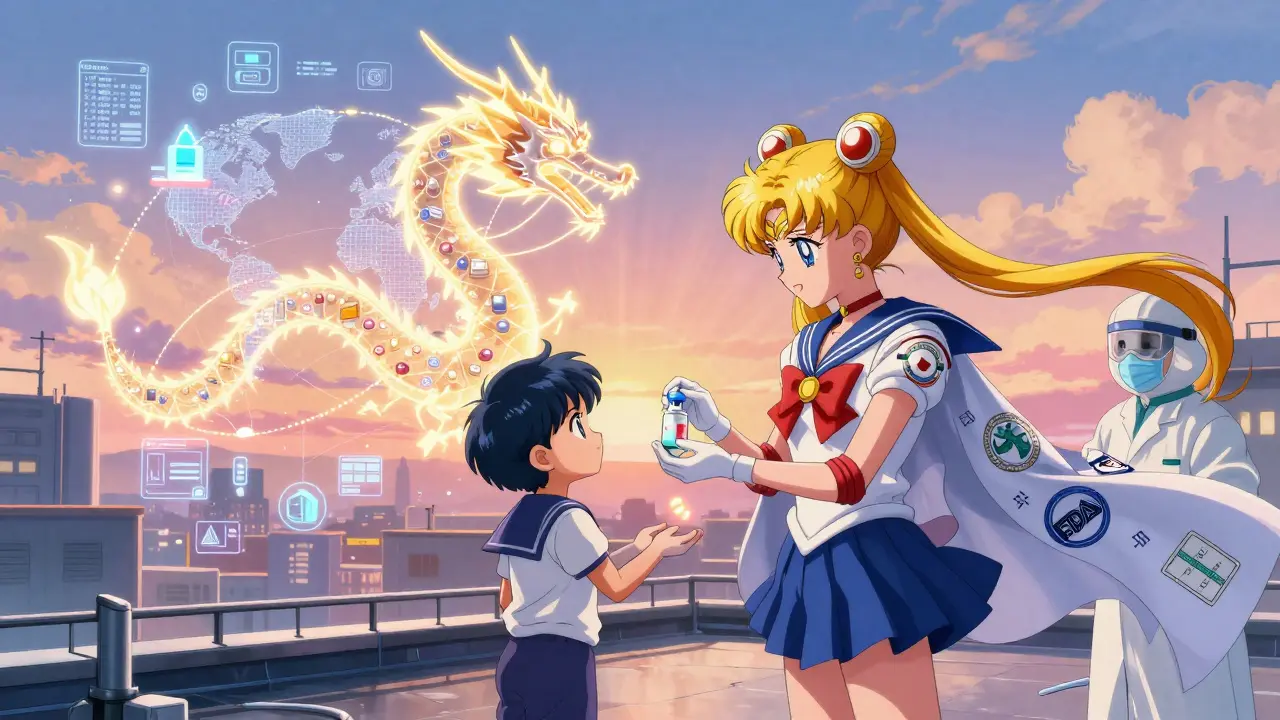 A child receiving medicine on a hospital roof as a digital twin dragon repairs the global supply chain with golden light.